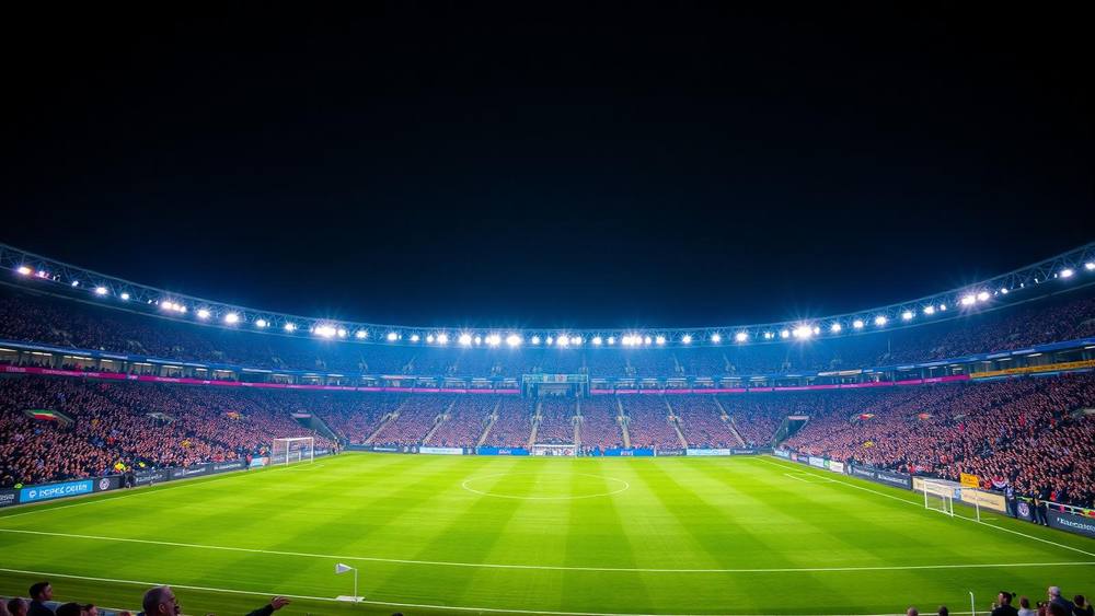 Italian football stadium at night under blue floodlights